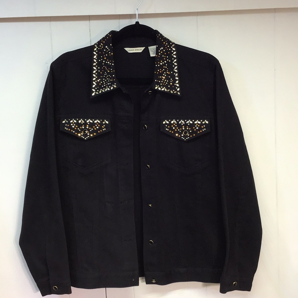 🔥Laura Ashley black Jacket embellished jean jacket style 100% cotton sz Lrg